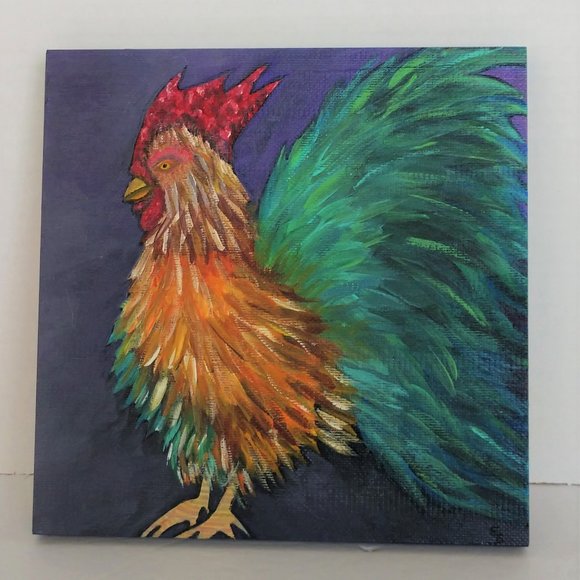 Handmade Painting Of A Rooster On 8x8 Wooden Square Canvas Hand Painted Chicken - Picture 2 of 16